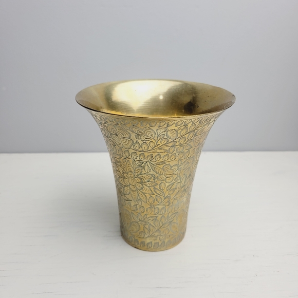 Etched Solid Brass Vintage Vase with Engraved Floral Designs 5.25" - Picture 3 of 15